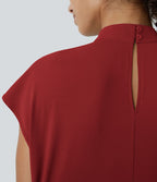 Blouse de Travail à Col Montant Plissée avec Boutons dans le Dos et Manches Courtes