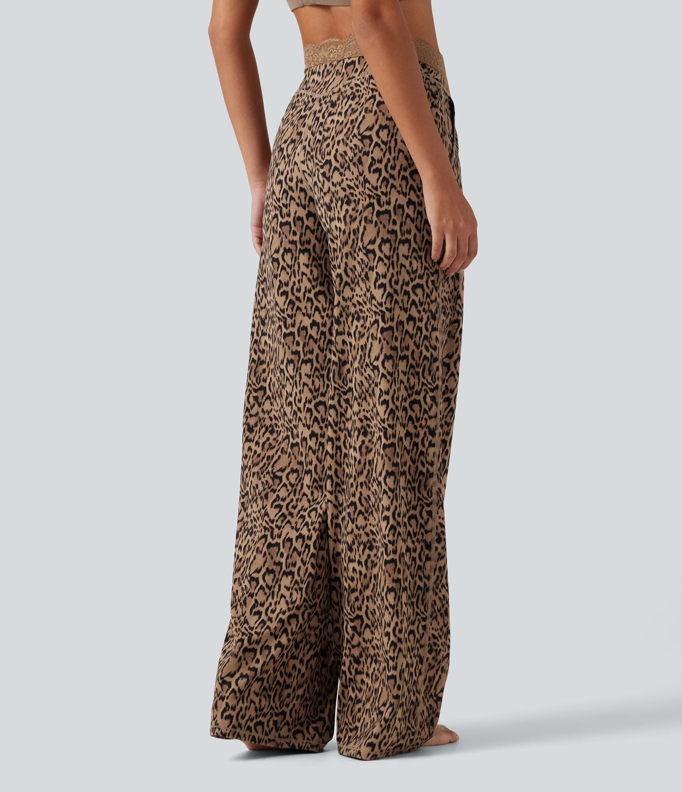 Pantalon de yoga droit taille haute Halara UltraSculpt™ léopard avec dentelle contrastée et poches
