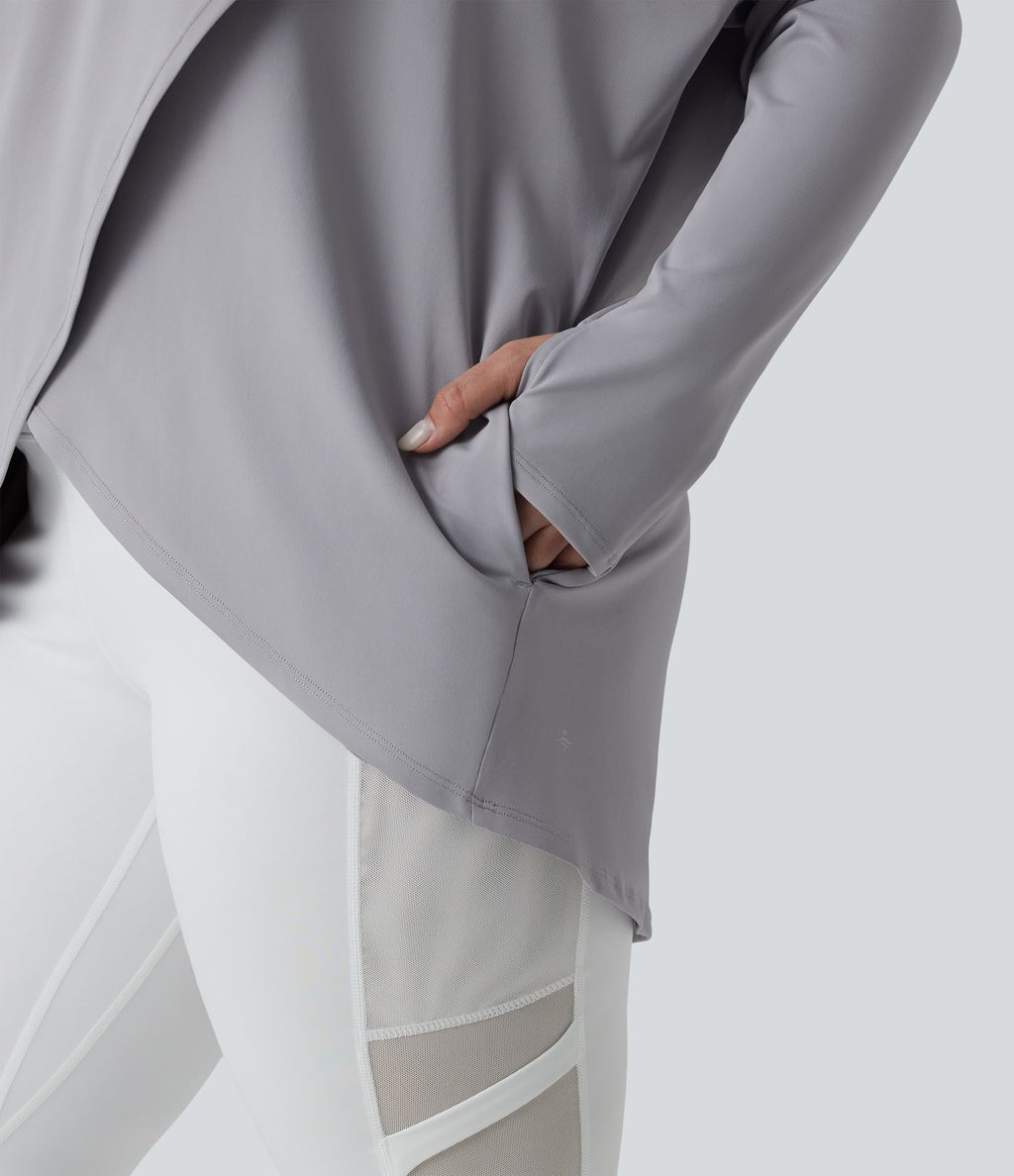 Top de sport yoga grande taille à capuche, col drapé, manches longues avec passants pouces et poches