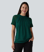 Blouse décontractée col rond manches raglan courtes avec empiècement en mesh contrasté