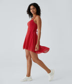Robe de sport danse mini 2-en-1 laçage asymétrique résille contrastante fluide avec poche A-D