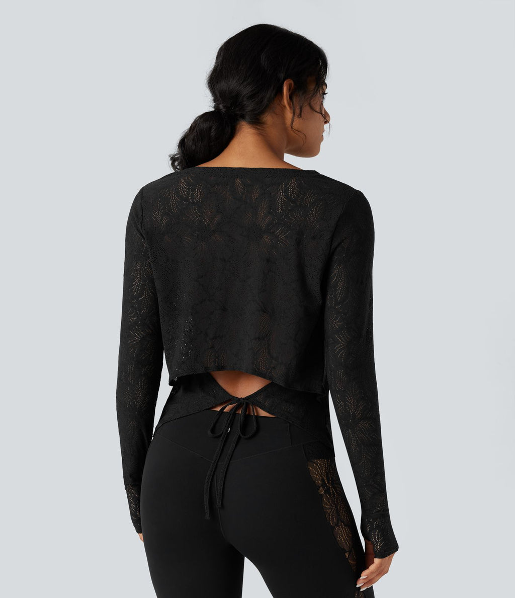 Top de sport yoga dentelle col rond manches longues liens dans le dos avec trous pouces