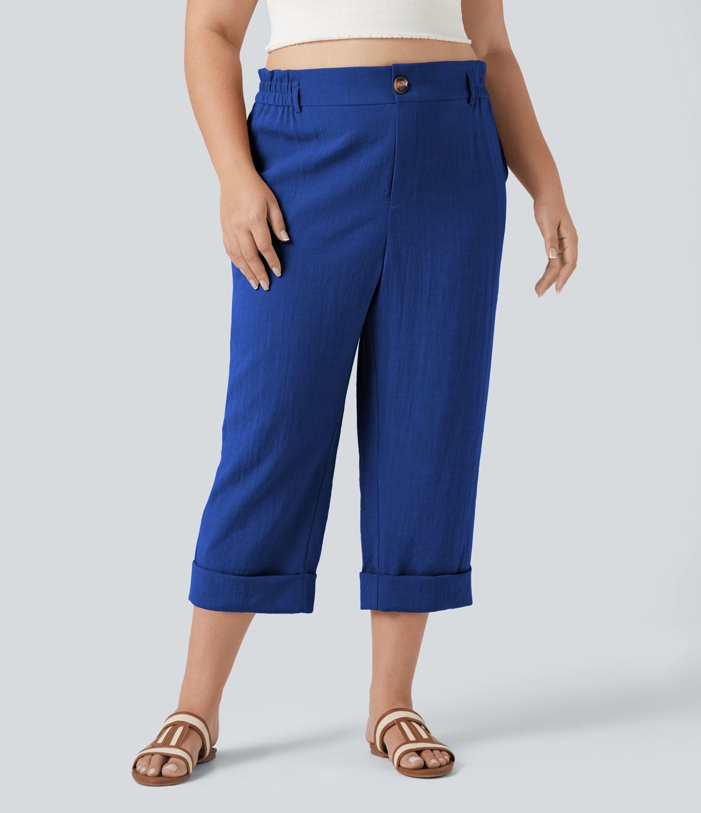 Pantalon de villégiature capri effet lin, grande taille, taille haute, avec poches