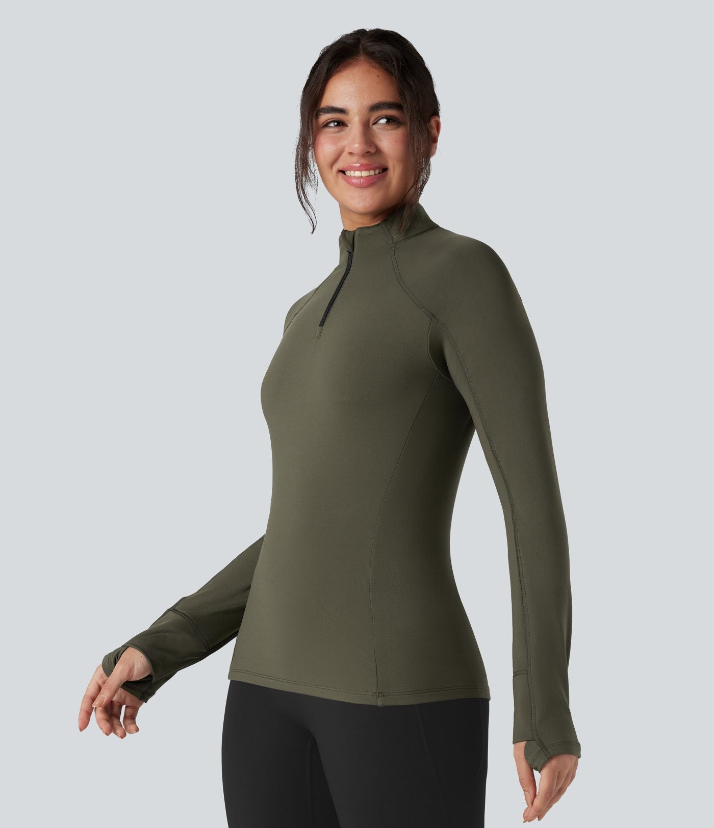 Top de sport randonnée polaire col montant demi-zip manches longues avec trous pouces
