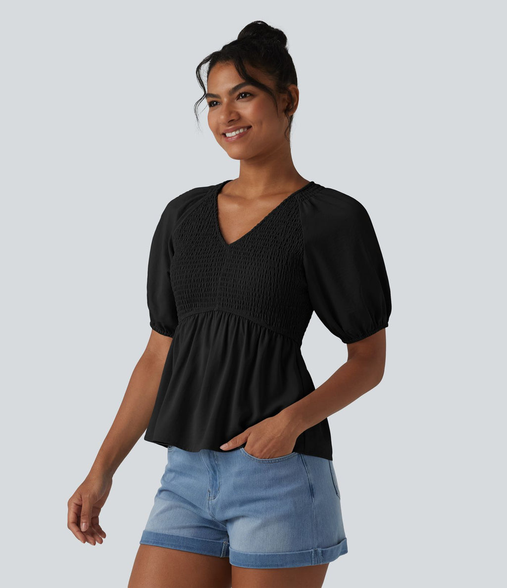 Blouse décontractée col V manches courtes bouffantes avec fronces