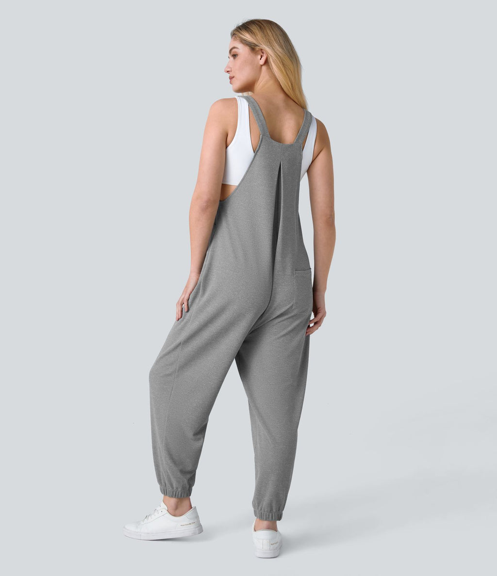 Salopette Casual Bretelles Ajustables Boutonnés Multiples Poches Plis et Tissu Gaufré