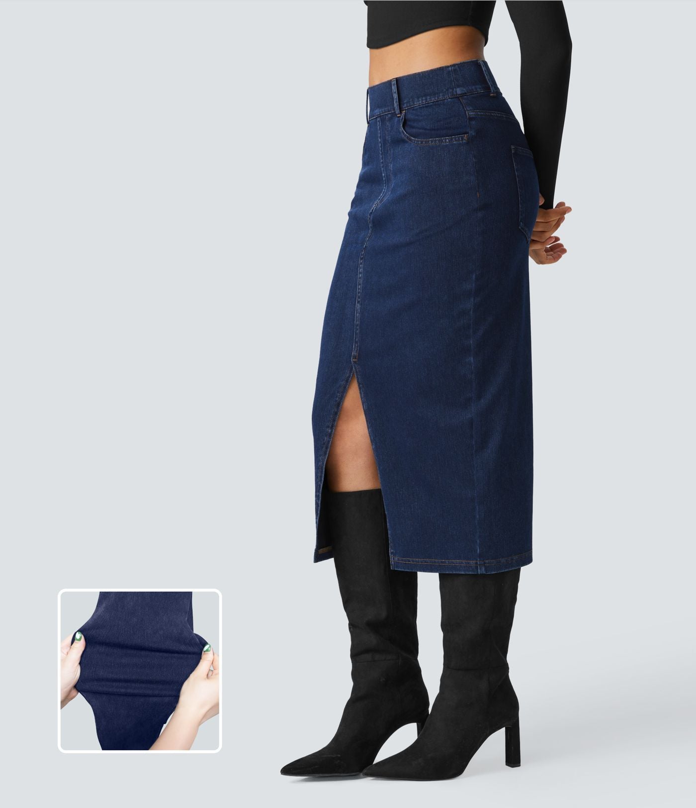 Halara Flex™ Jupe en Jean Midi Casual Tricot Extensible Taille Haute Poches Multiples