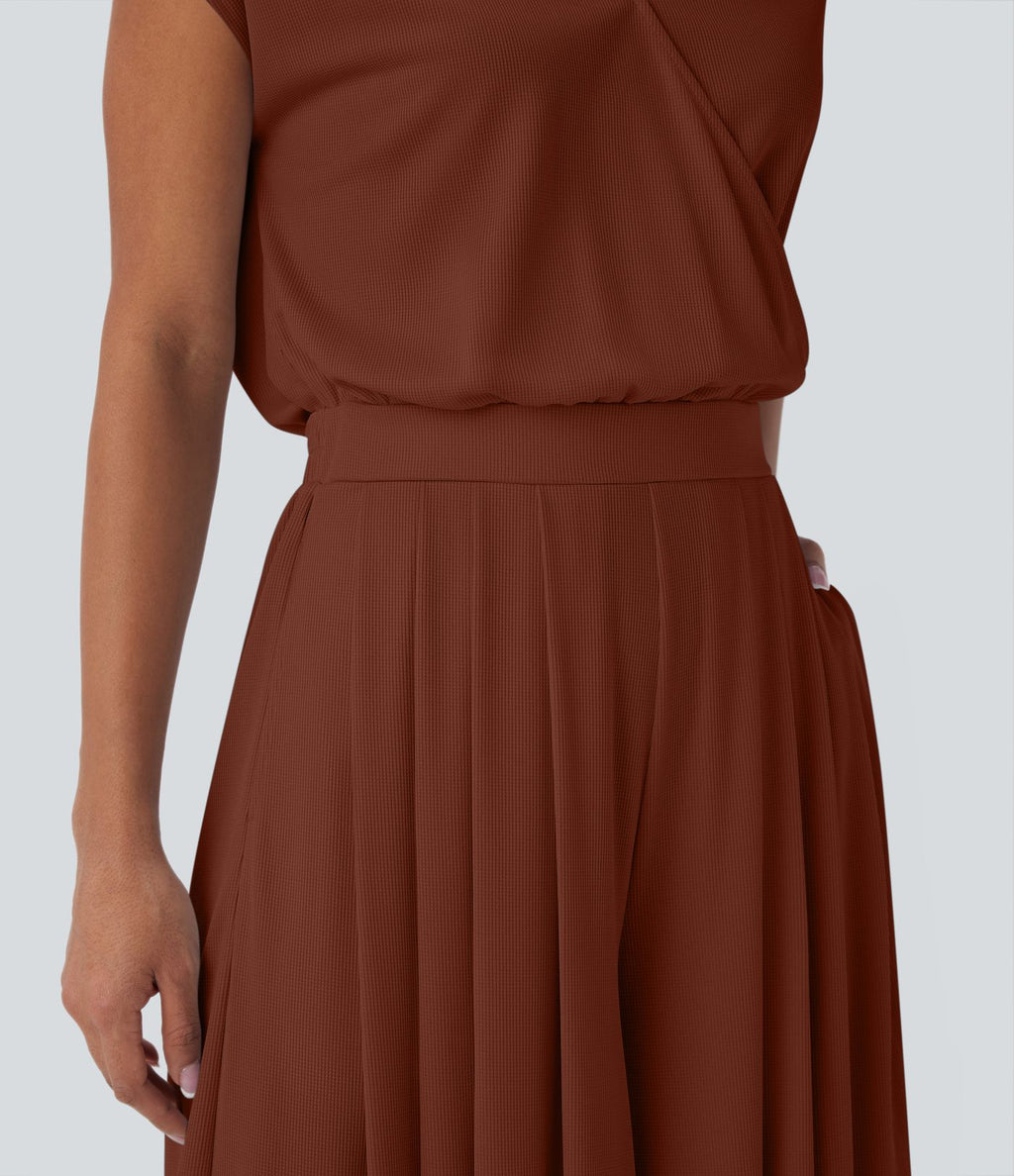Combinaison fluide en tissu gaufré, col V, manches courtes, jambes larges et poches latérales - Easy Peasy Edition