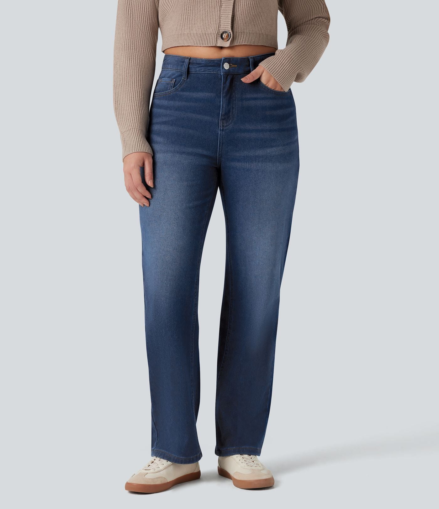 Jean droit Halara Flex™ Denim Heat casual molleton taille haute avec poches
