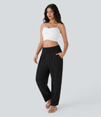 Pantalon de Vacances Taille Moyenne avec Fronces et Poches Latérales  et Aspect Lin