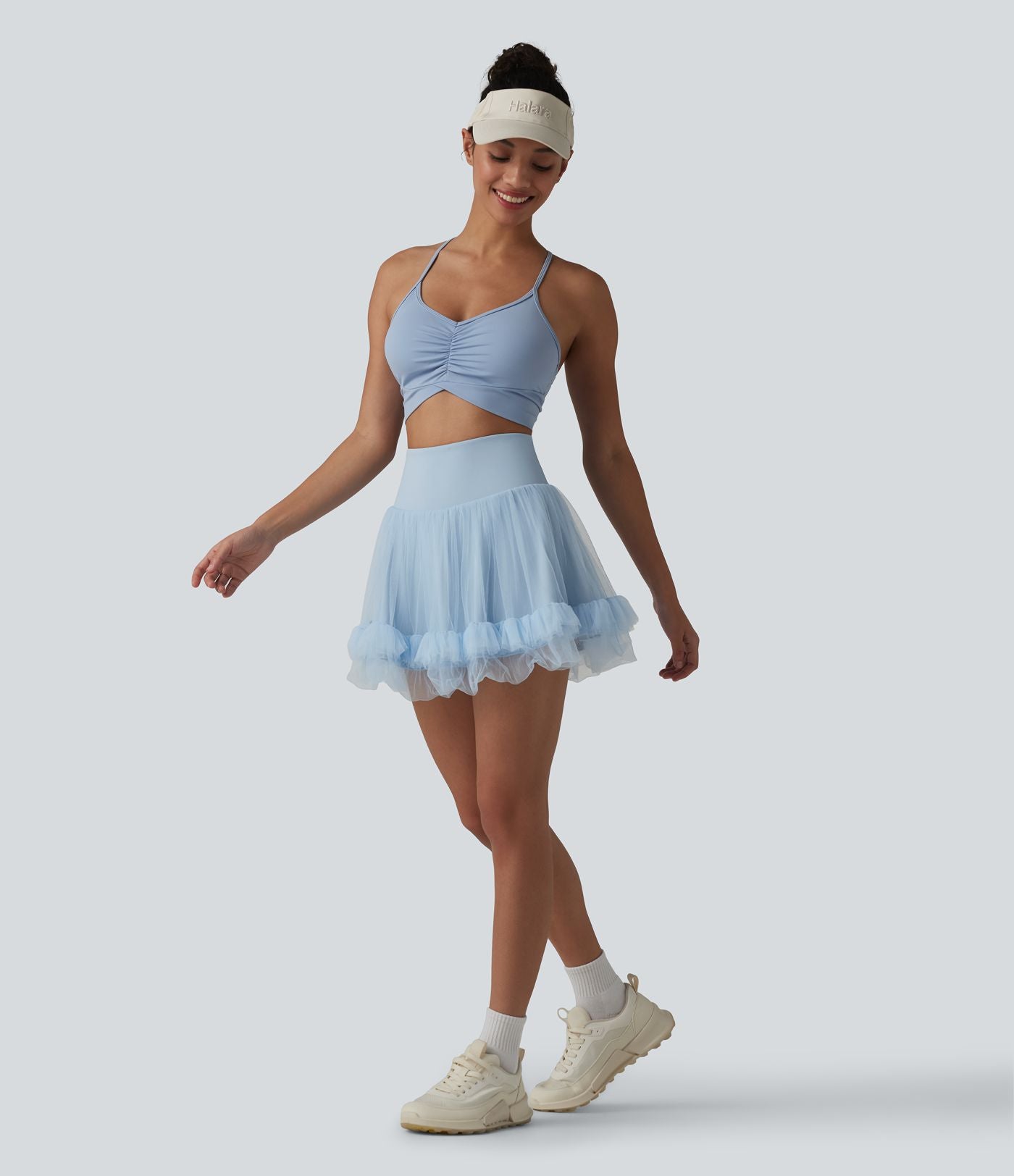 Jupe mini de sport 2 en 1 taille haute ventre plat en maille contrastée avec poches