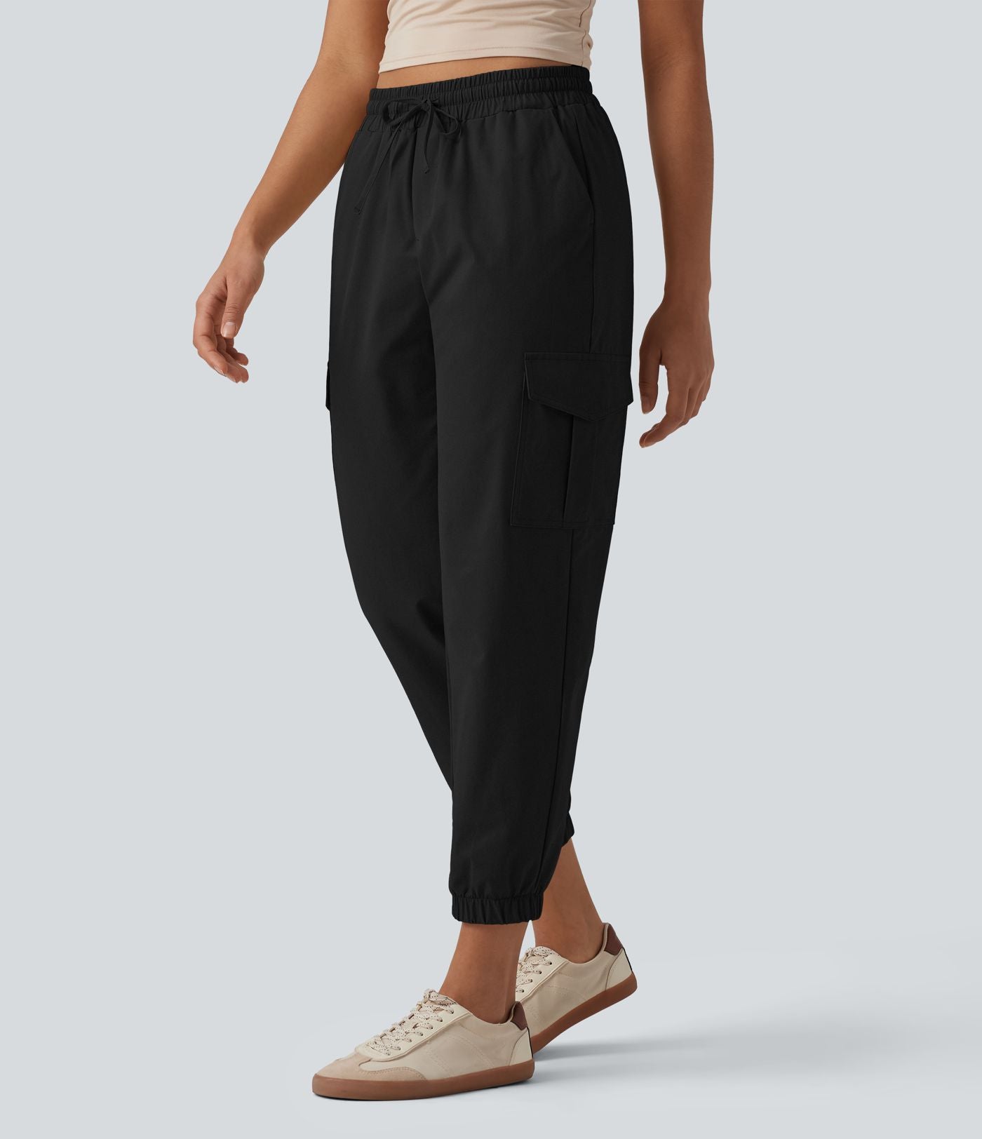 Jogging cargo décontracté popeline extensible taille mi-haute avec cordon de serrage et poches
