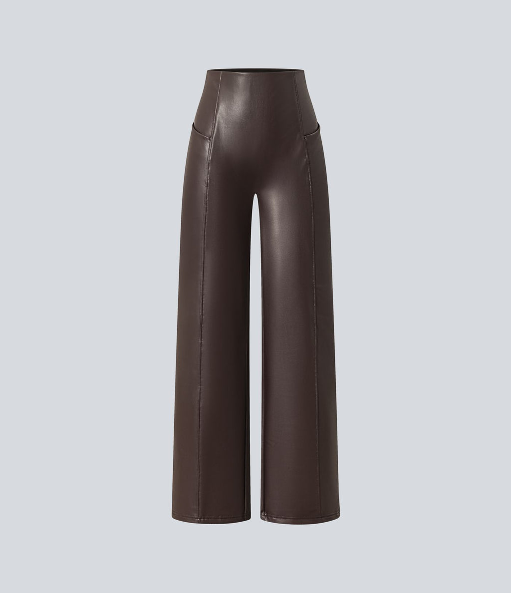 Pantalon similicuir évasé gainant taille haute stretch avec poches