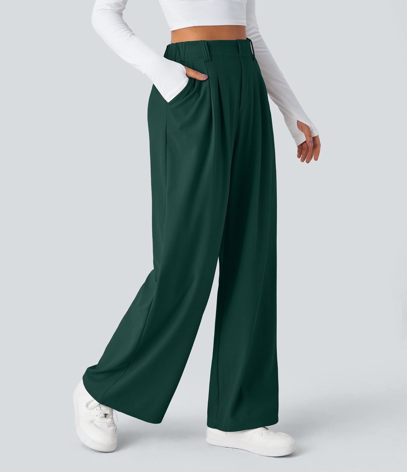 Pantalon Tailleur Large Fluide Halara Flex™ Gaufré Taille Haute Poches Latérales