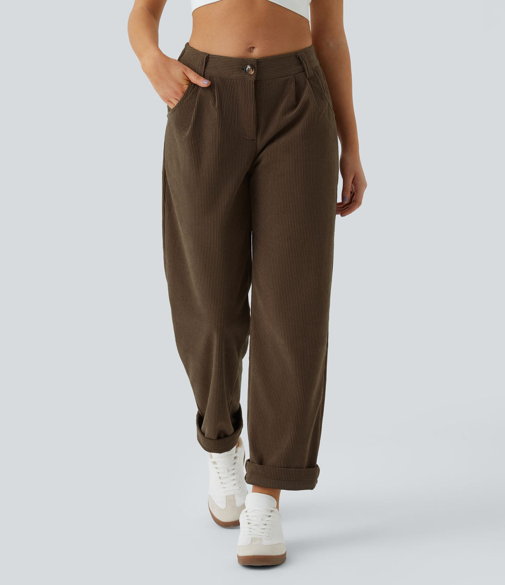 Pantalon en velours côtelé décontracté taille moyenne avec poches latérales