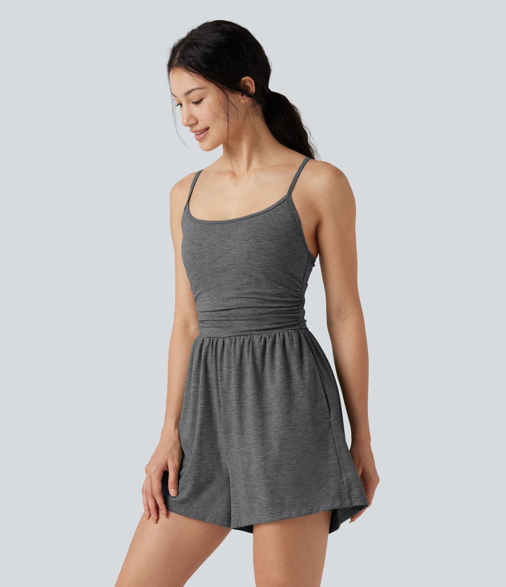 Combi-short casual 2-en-1 chiné froncé avec brassière intégrée et poches — Édition Easy Peasy