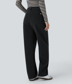Jean ample délavé taille haute en maille extensible avec poches multiples