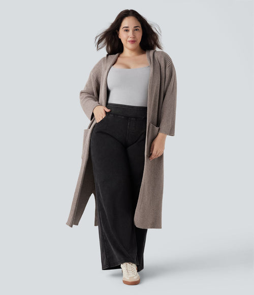 Cardigan long casual à capuche avec poches latérales et fentes grande taille manches longues