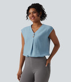 Blouse de Travail Col V Manches Courtes avec Boutons Décoratifs