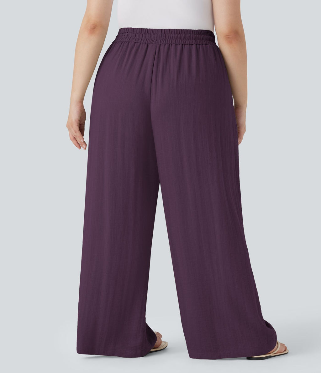 Pantalon décontracté grande taille large fluide taille haute effet lin avec cordon de serrage et poches