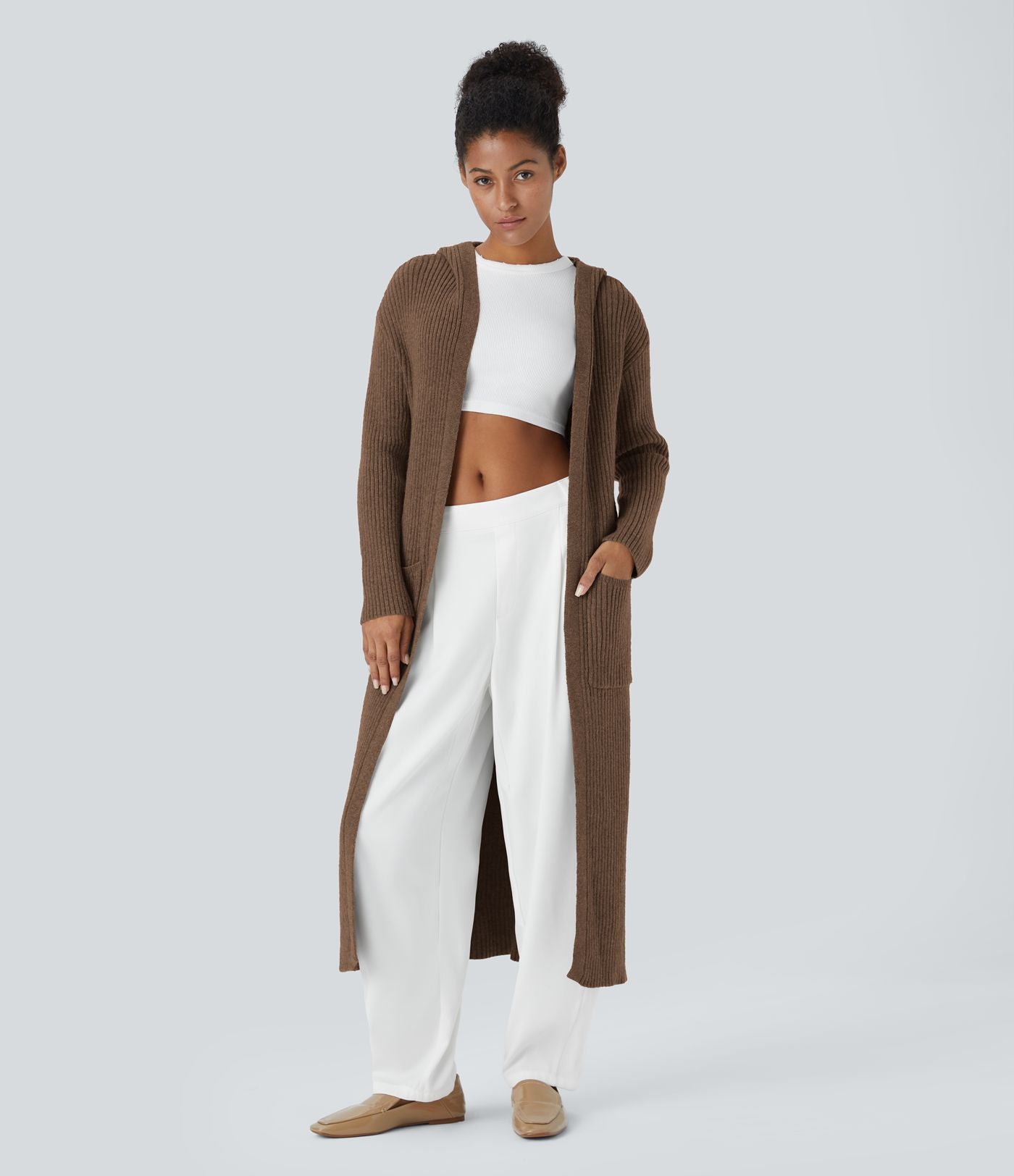 Cardigan long casual à capuche, manches longues et poches