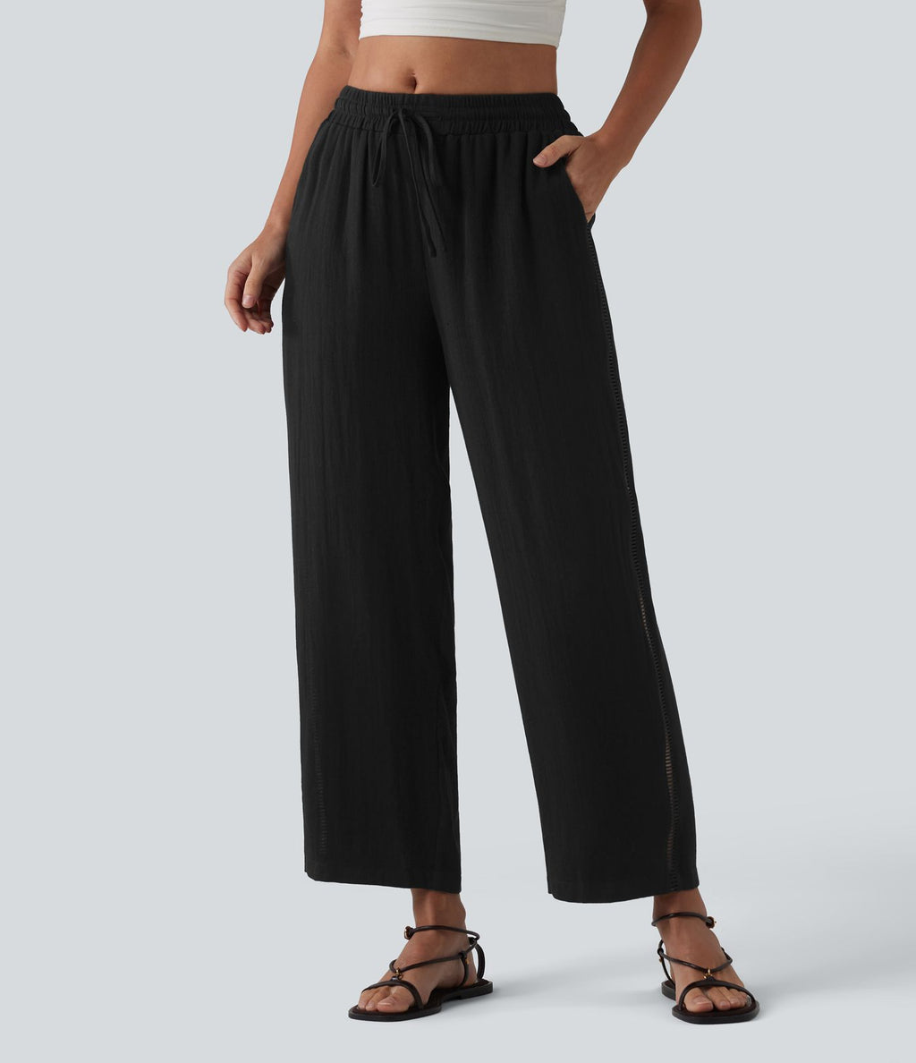 Pantalon droit taille mi-haute aspect lin avec cordon de serrage et poches