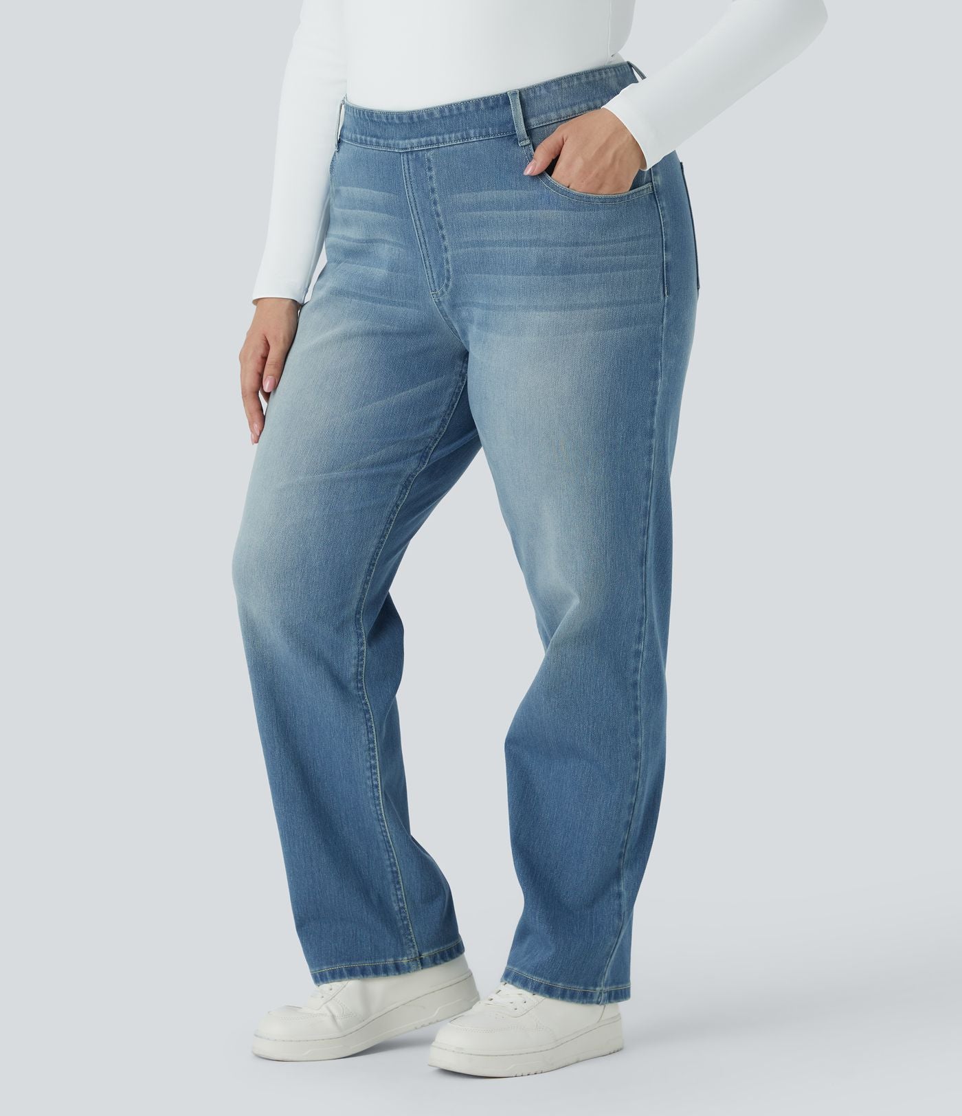 Jean décontracté Halara Flex™ grande taille, taille haute, multiples poches, jambes droites, effet délavé, en maille extensible