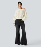 Pull ajouré col rond manches chauve-souris longues