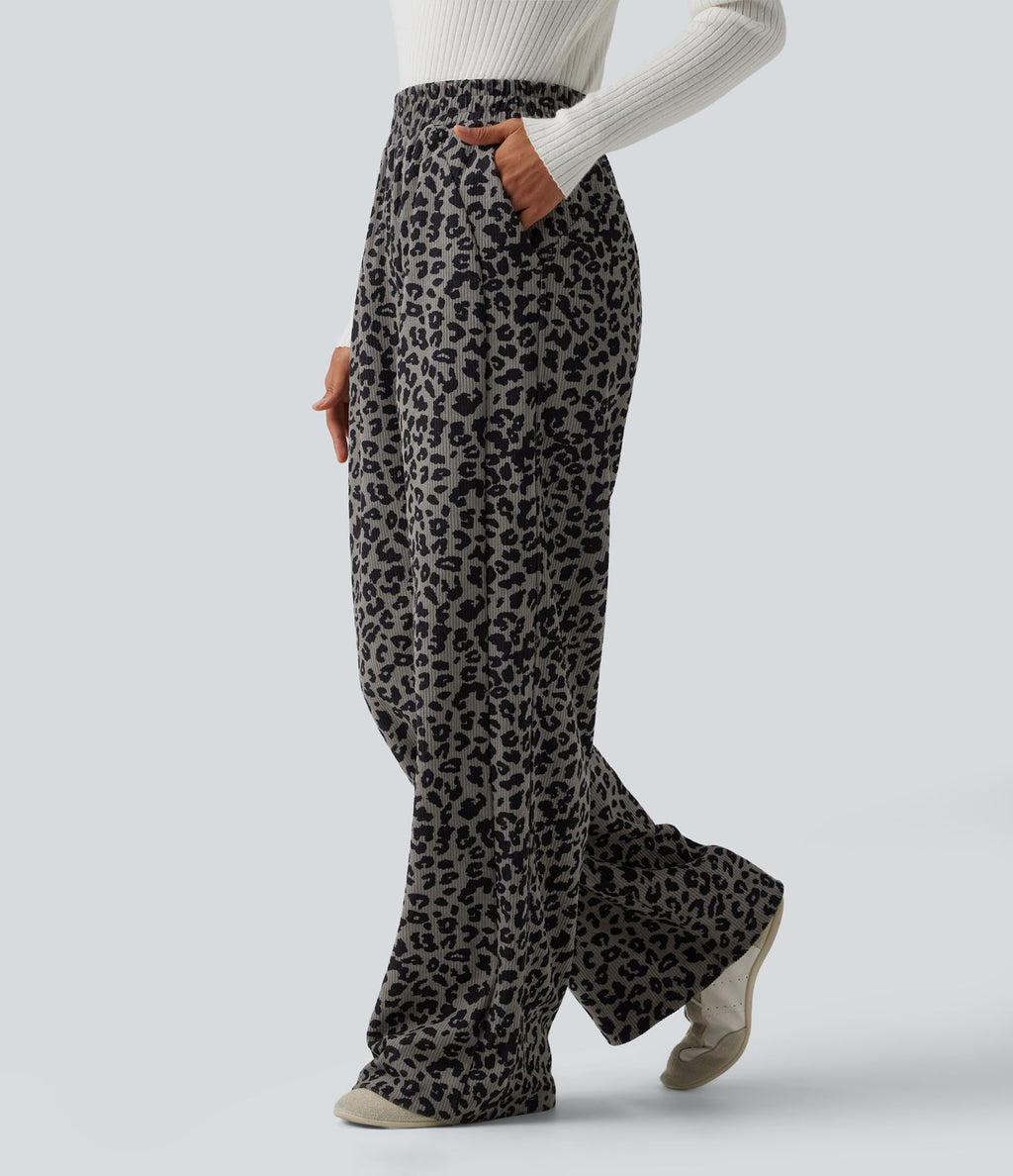 Pantalon léopard velours côtelé imprimé coupe droite mop taille haute avec poches