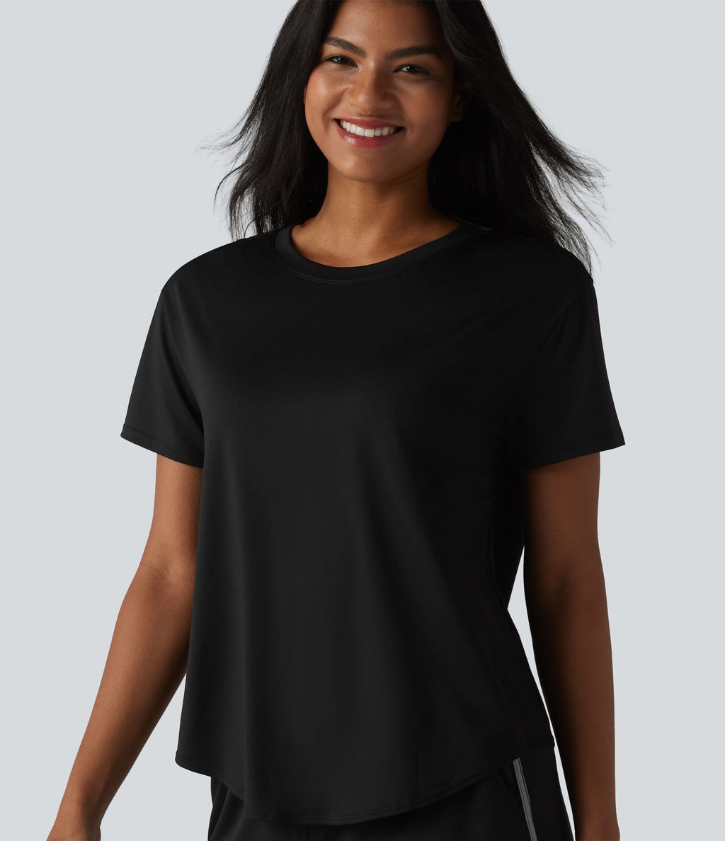T-shirt décontracté à col rond, manches courtes, soutien-gorge intégré et ourlet arrondi