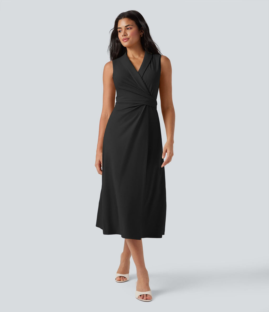 Robe mi-longue tailleur col V liens dans le dos sans manches