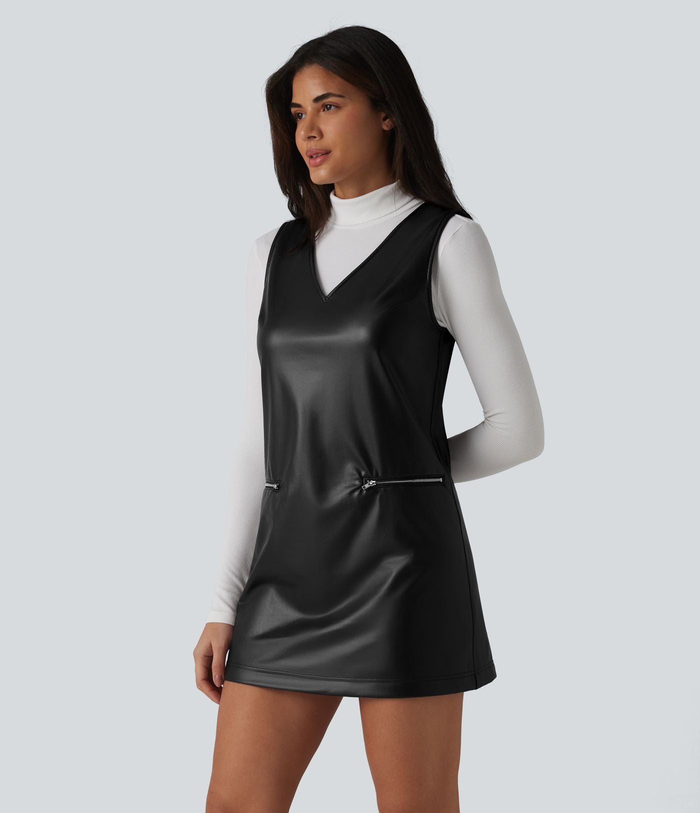 Robe de travail mini sans manches à col en V en polaire PU extensible avec poches