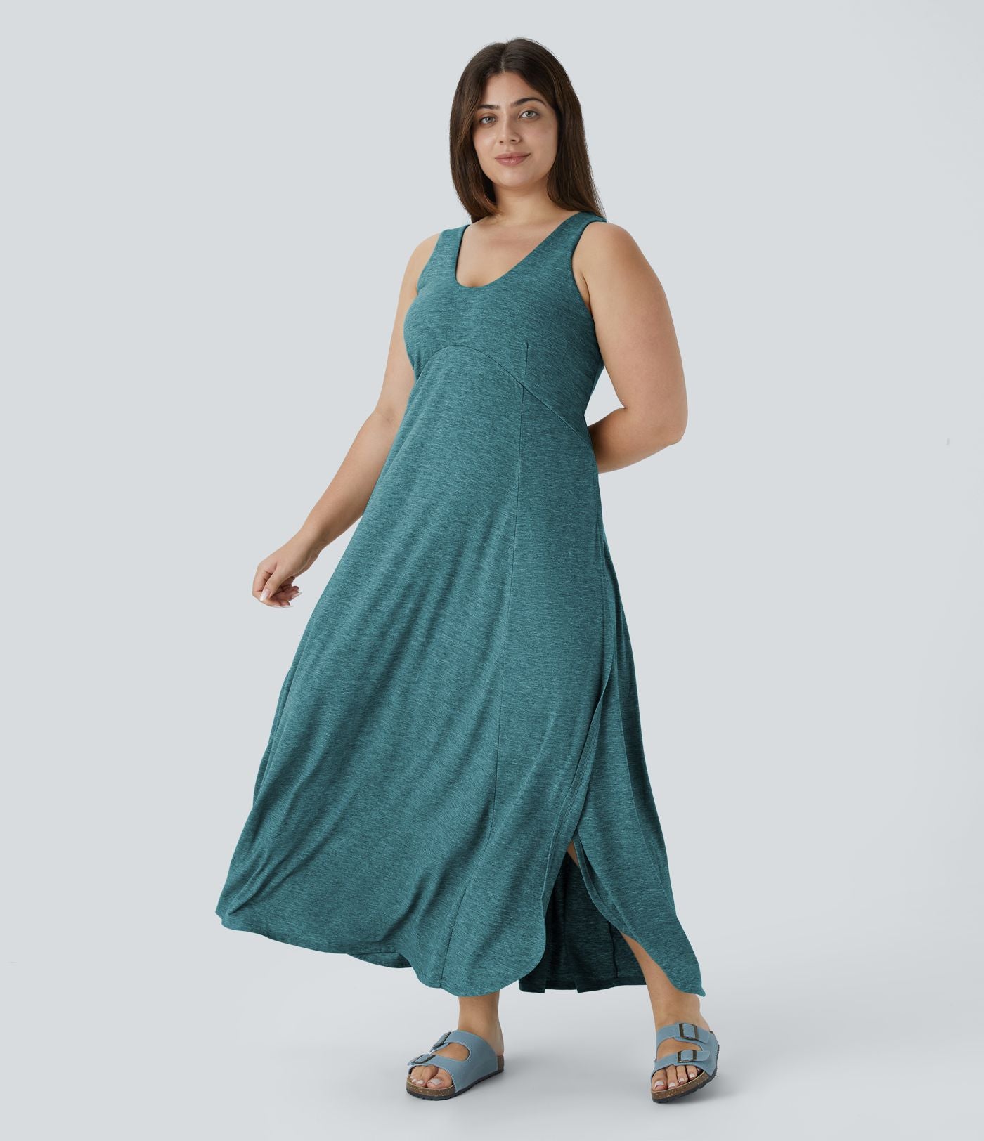Robe Maxi Casual Grande Taille à Col U Sans Dos Fendue et Fluide