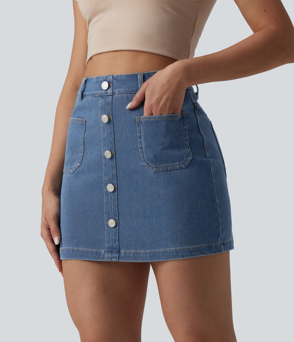 Jupe mini moulante décontractée Halara Flex™ en denim taille haute boutons décoratifs avec poches