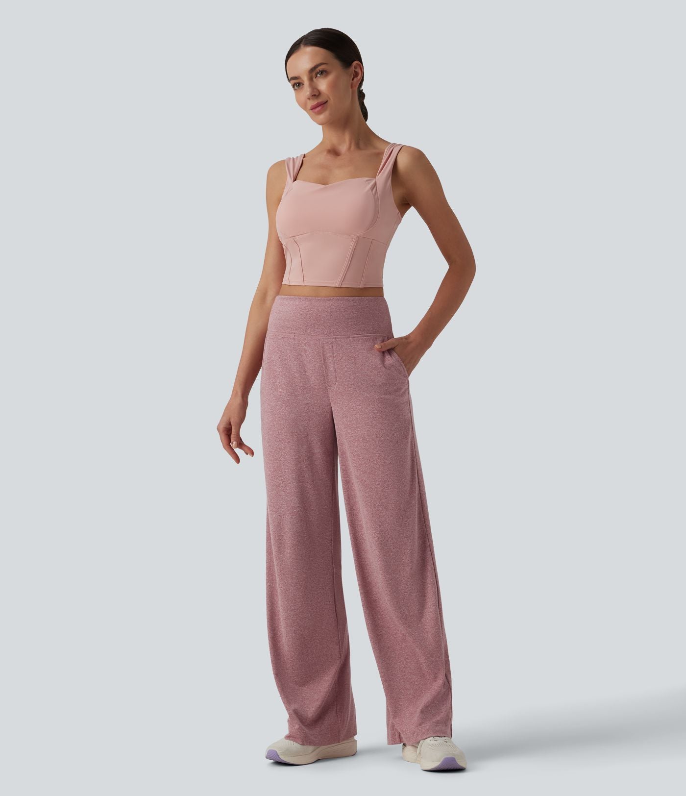 Pantalon de yoga chiné taille haute à jambes droites avec poches