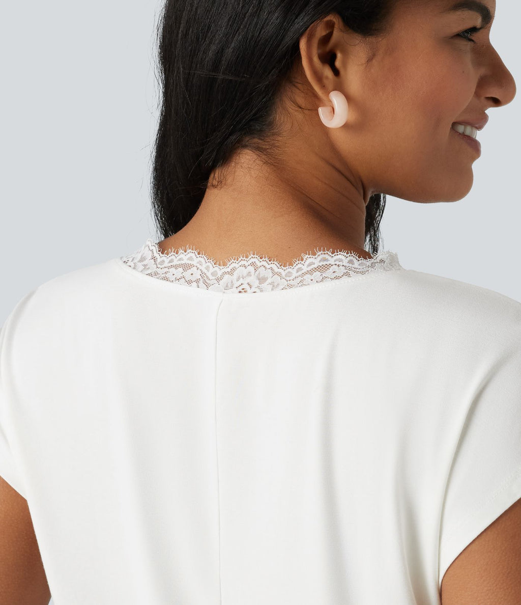 T-shirt décontracté en dentelle col V manches courtes