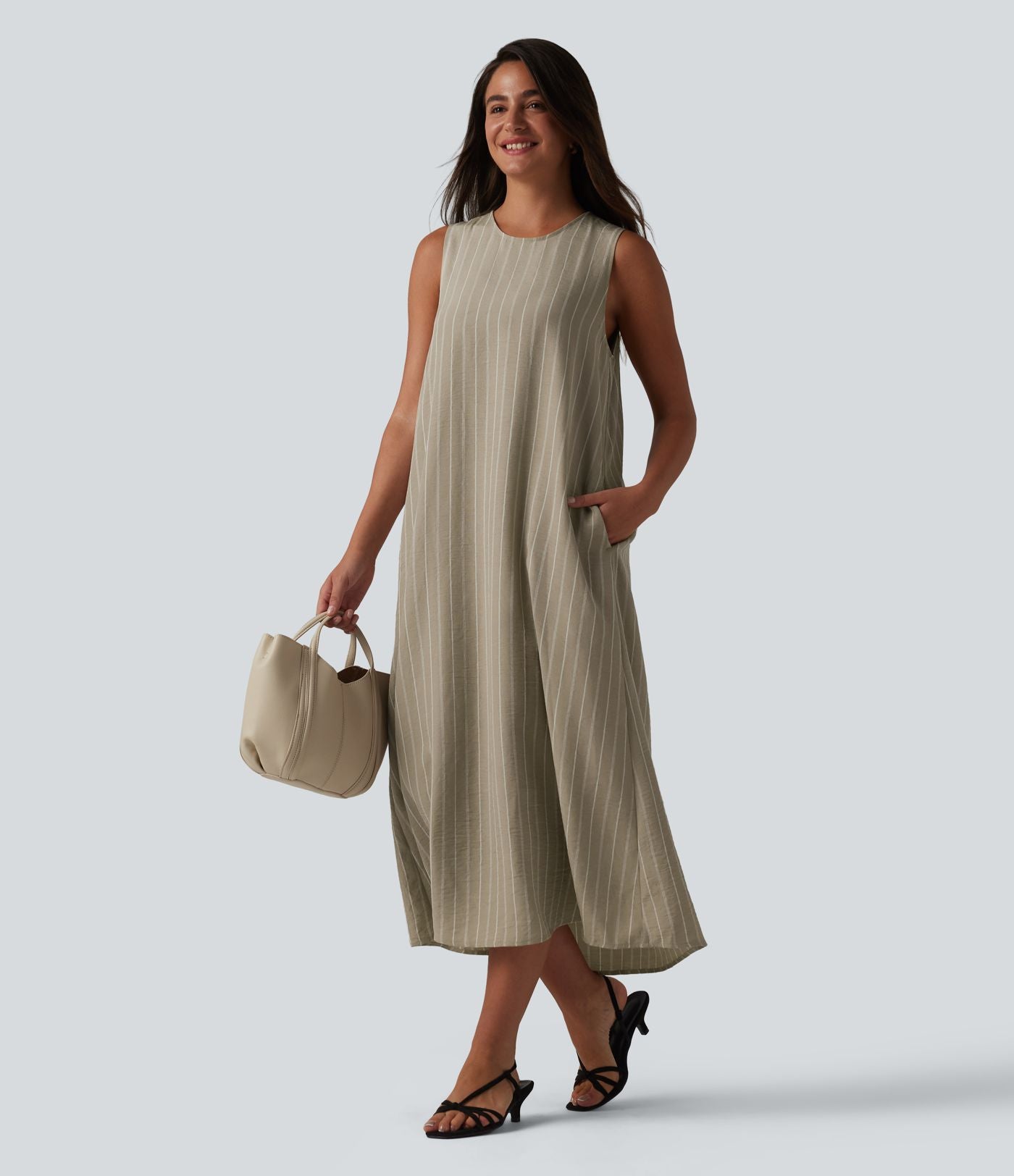 Robe décontractée midi col rond sans manches à rayures dos ajouré avec poches