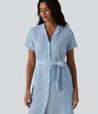 Robe-chemise midi tailleur à manches courtes et col, aspect lin à rayures, ceinturée et avec poches