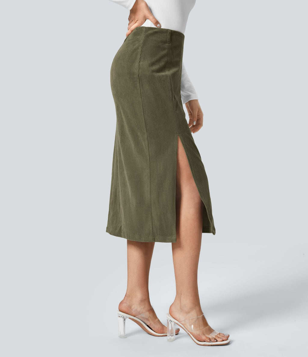 Jupe Casual en Velours Côtelé Mi-longue Taille Haute Fermeture Éclair Invisible et Fente fendue