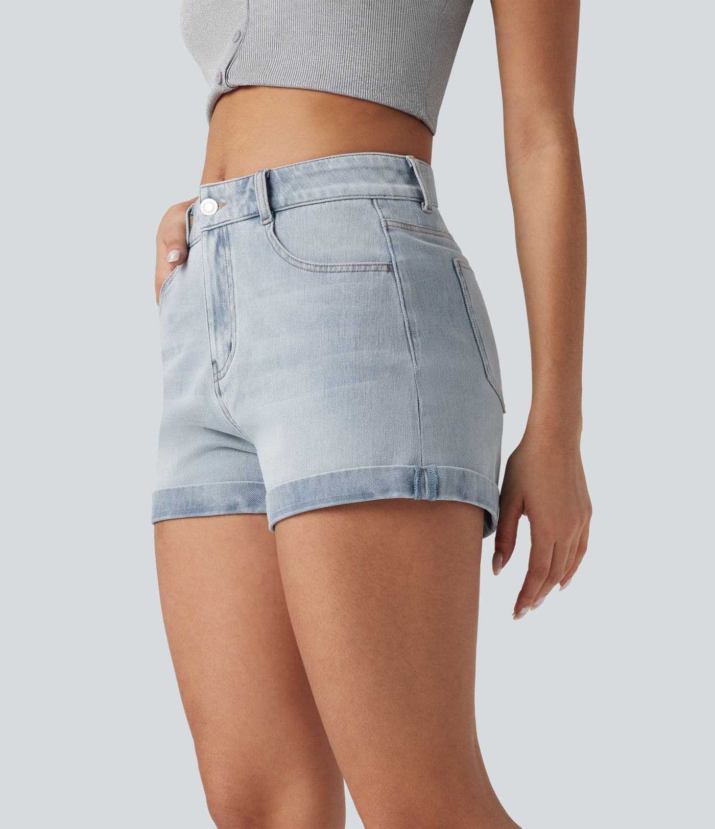 Short 7,5 cm décontracté en jean extensible Halara Flex™ taille moyenne avec boutons, zip et multiples poches