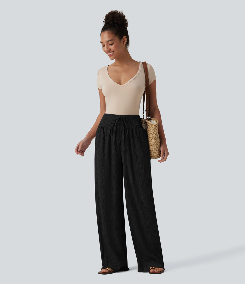Pantalon large casual texturé taille mi-haute avec cordon de serrage et poches – Style resort