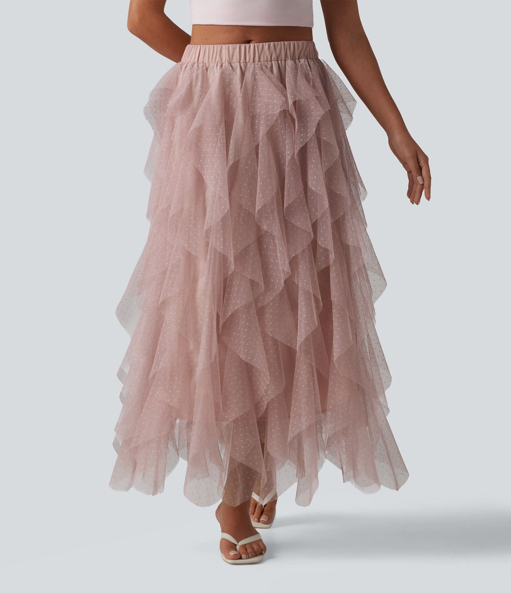 Jupe midi resort asymétrique à volants en maille taille mi-haute