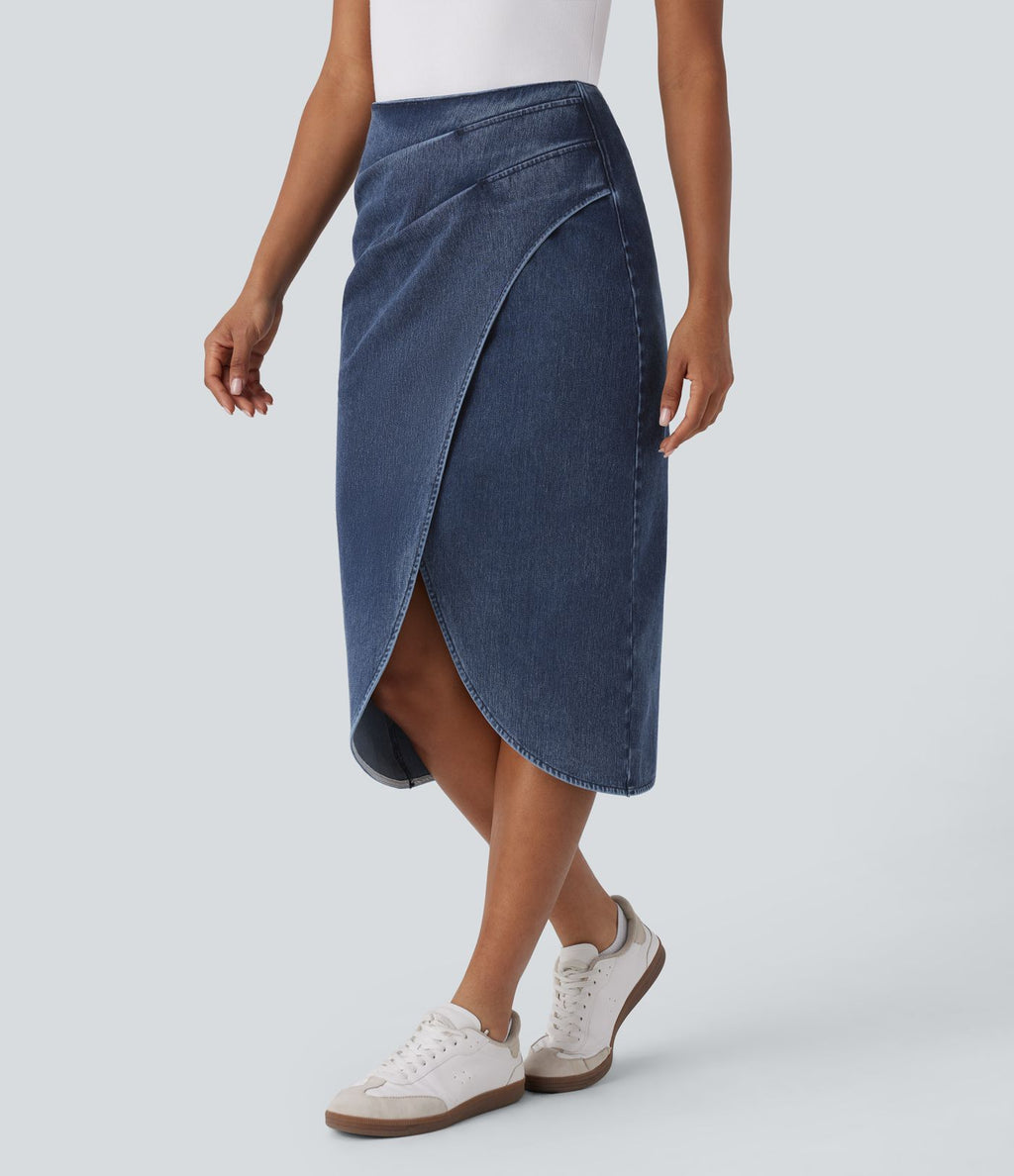 Halara Flex™ Jupe en Jean midi délavé taille haute avec zip dos, effet drapé et ourlet tulipe