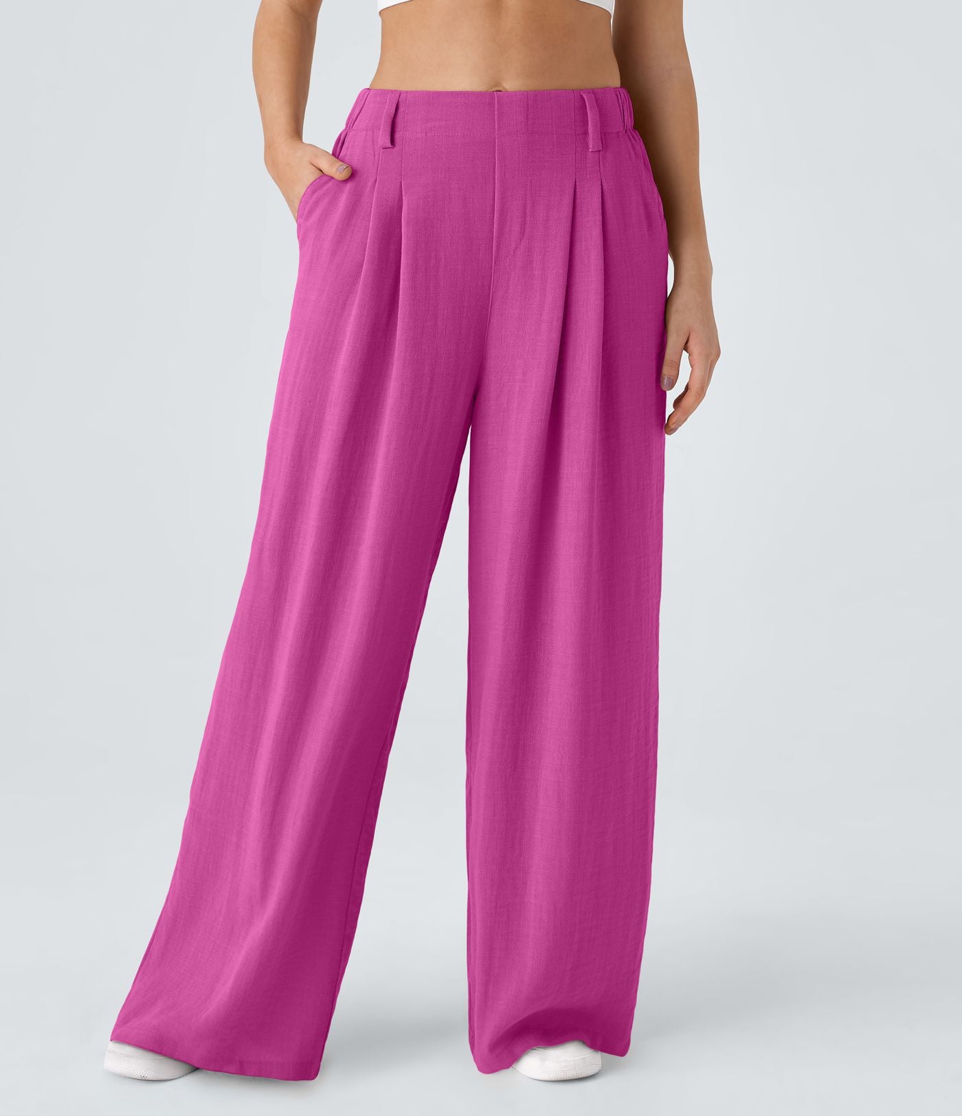 Pantalon Fluide Large Taille Haute Poches Latérales Palazzo Solide Casual Linen-Feel