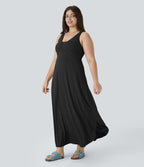 Robe Maxi Casual Grande Taille à Col U Sans Dos Fendue et Fluide