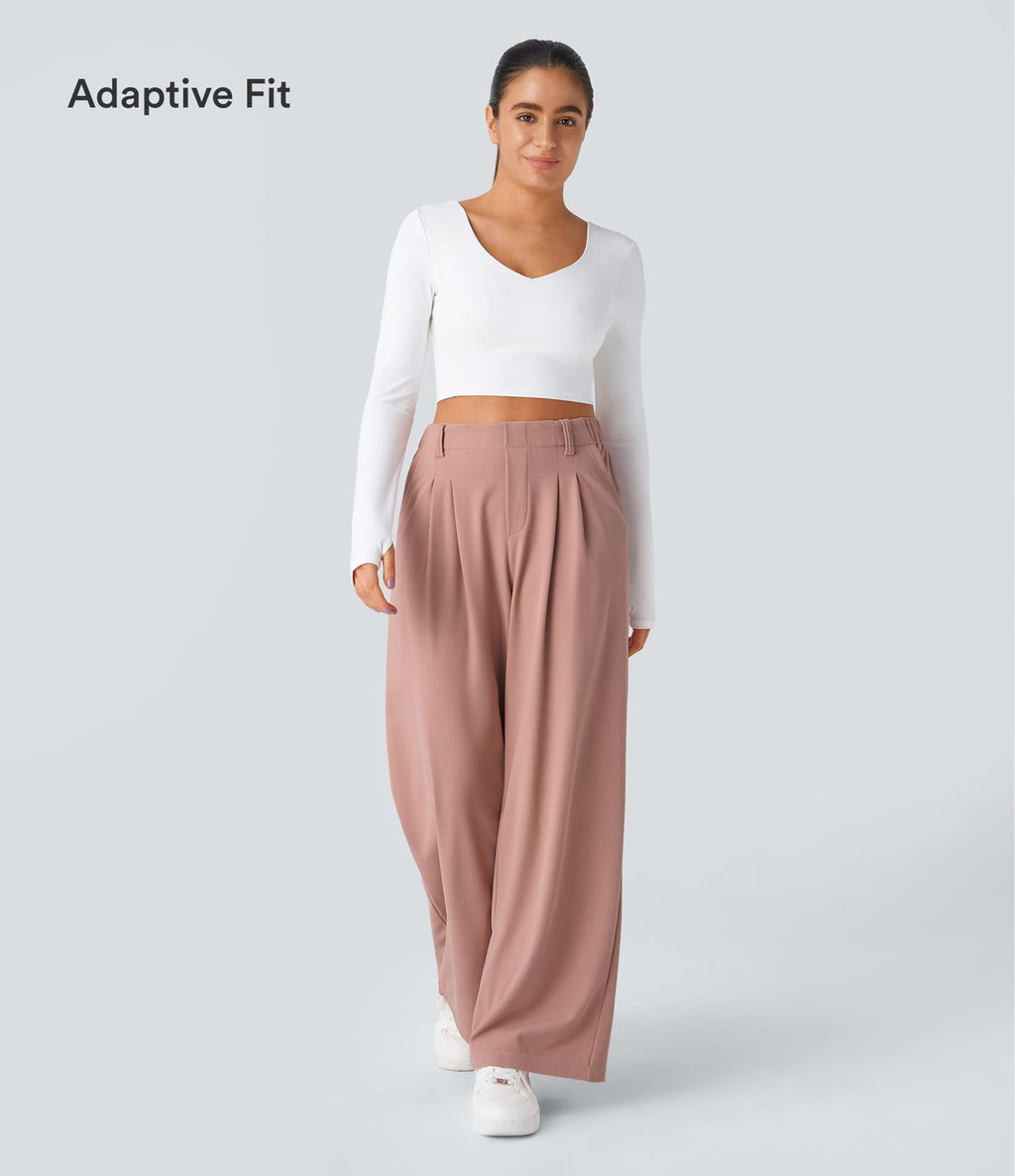 Pantalon Tailleur Large Fluide Halara Flex™ Gaufré Taille Haute Poches Latérales