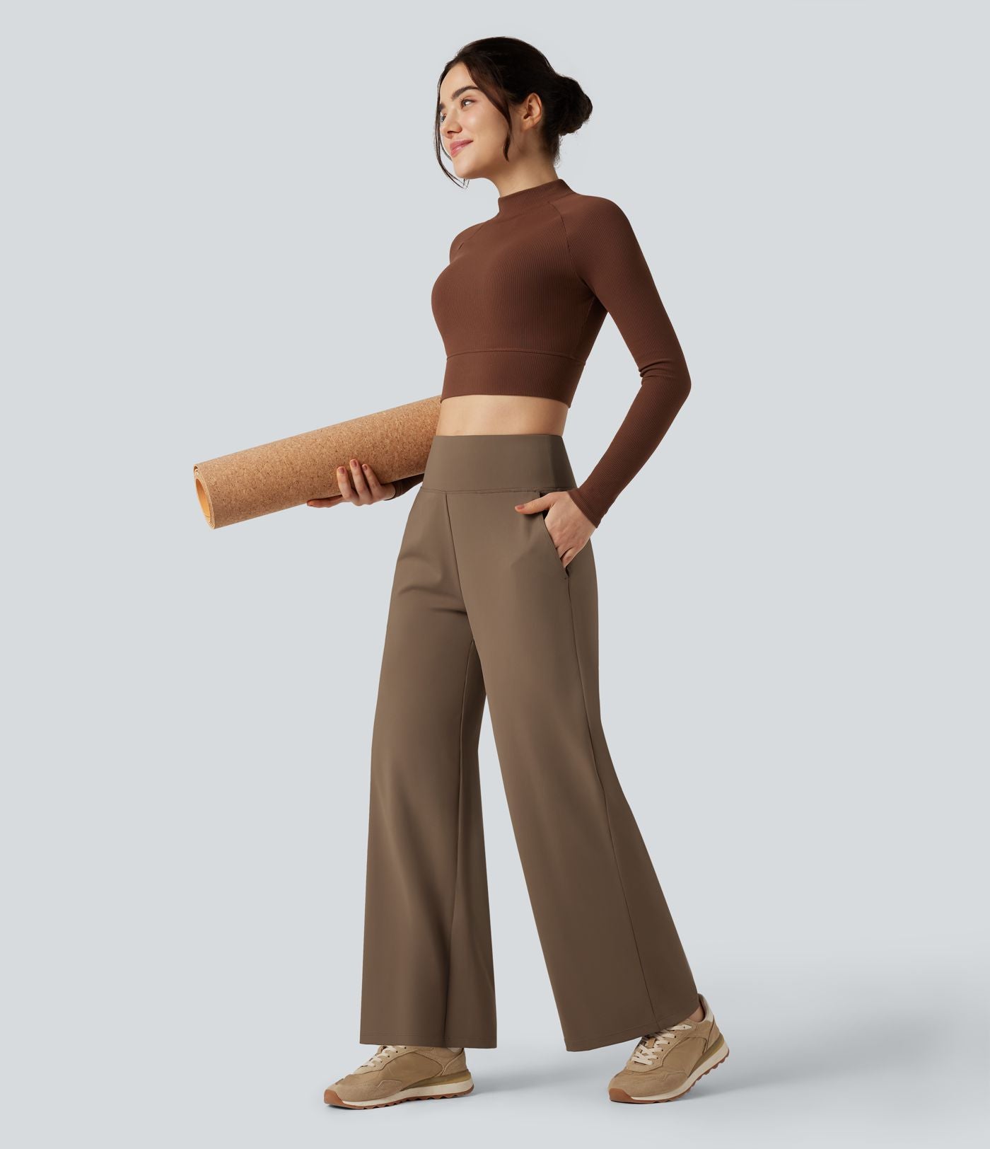 Pantalon de yoga large gainant taille haute avec poches