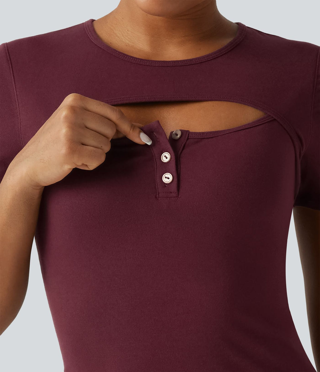 T-shirt en maille côtelée à col rond avec découpe et maintien intégré