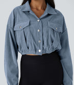 Veste Casual en Velours Côtelé à Boutons Poches Col Court