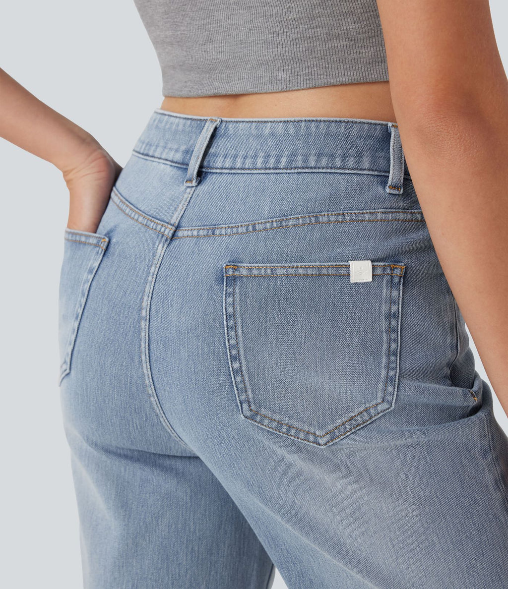 Bermuda décontracté en jean extensible délavé Halara Flex™ taille haute avec revers et multiples poches